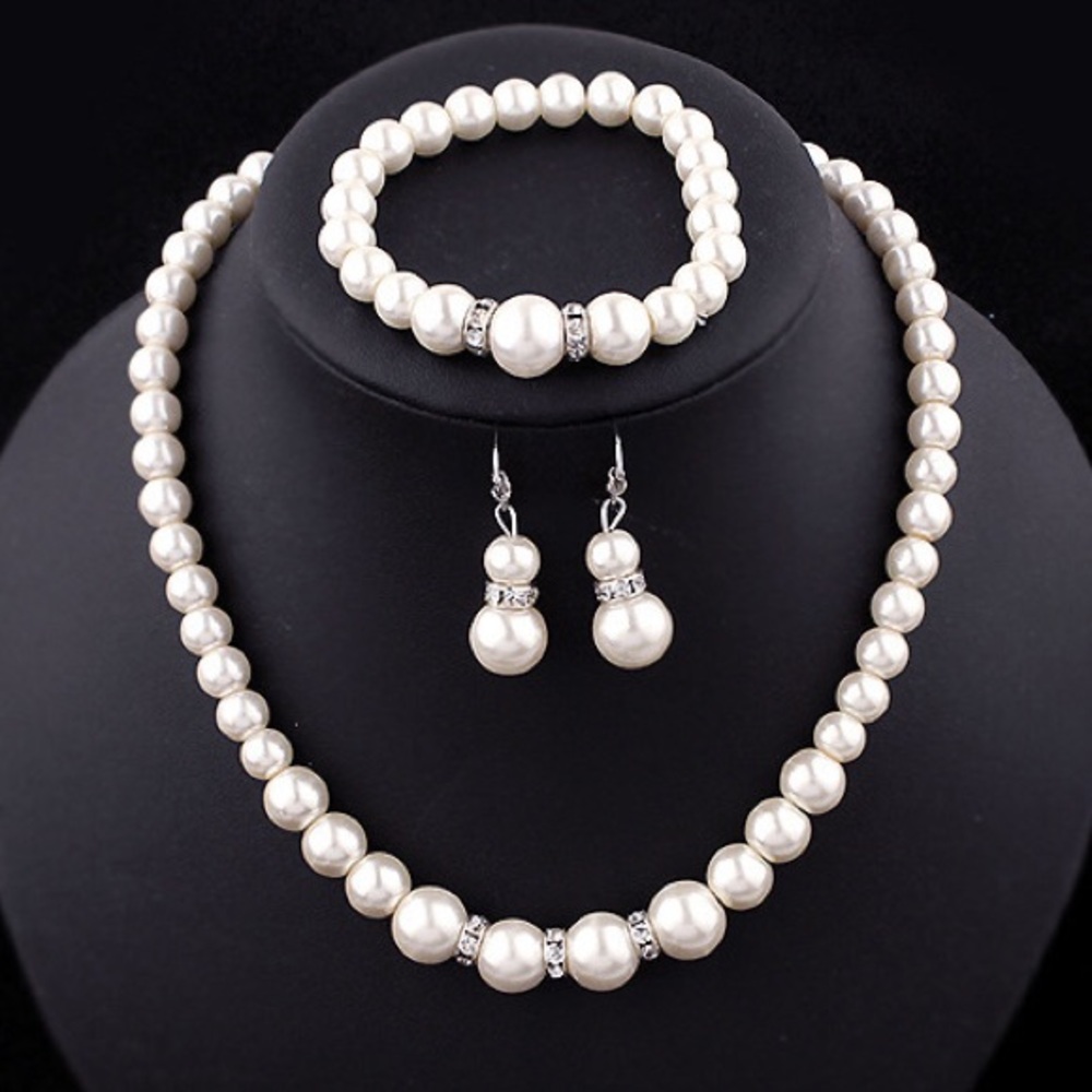 Faux pearl necklace bracelet earrings 3 piece set - Picture 1 of 5